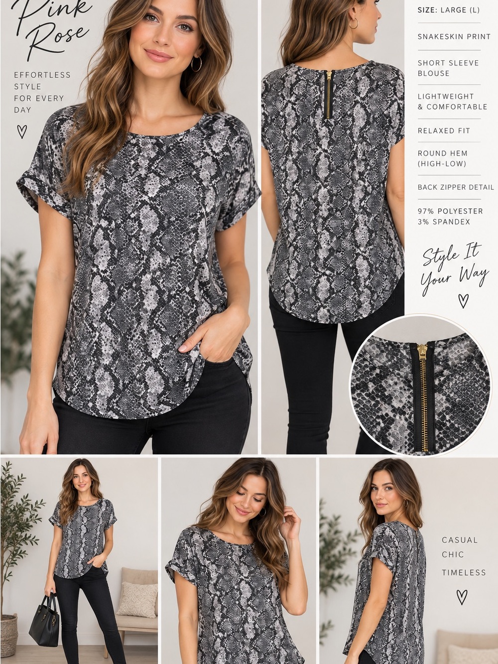 Pink Rose Gray & Black Snake Print Short Sleeve Blouse,Large